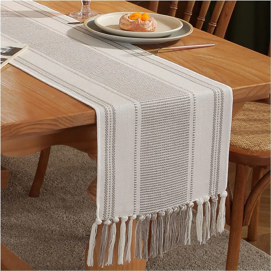 Boho Table Runner Natural Stripe for Modern Farmhouse Coffee Table Decor, Rustic Woven Runner with Handcrafted Tassels for Home Dining Table décor 13 x 90 Inch Long