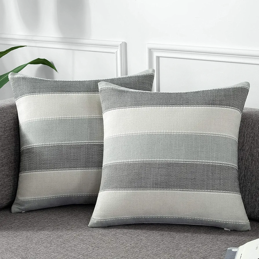 AmHoo Pack of 2 Farmhouse Stripe Check Throw Pillow Covers Set Case Cotton Linen Decorative Pillowcases Cushion Cover for Couch Bench Sofa 18x18Inch Dark Grey Beige