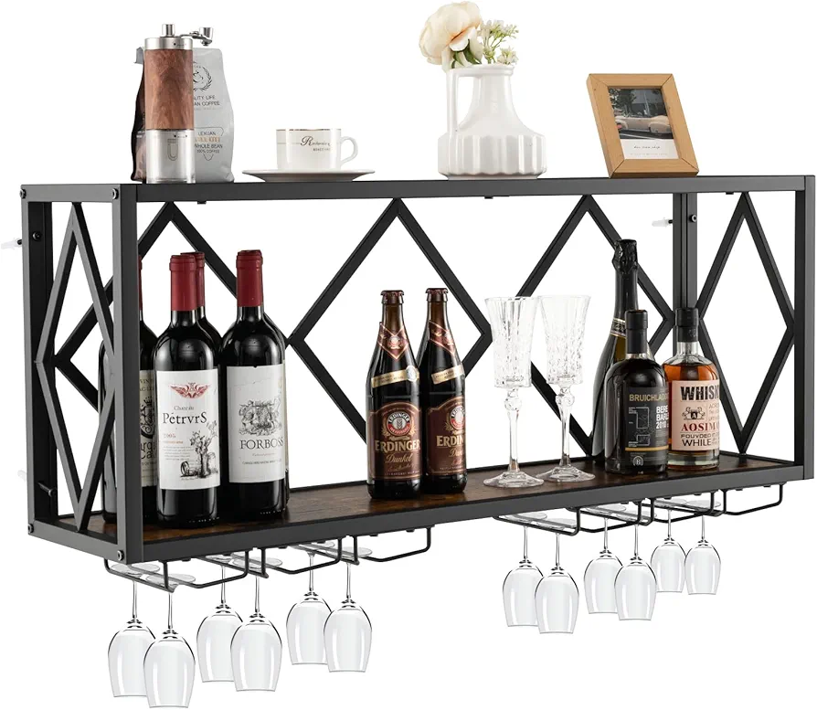 Giantex Industrial Wall Mounted Wine Rack, 39-Bottle Metal Wine Holder Wall with 12 Glass Holder, Hanging Wine Glass Rack Wall Mounted for Home Bar, Kitchen, Dining Room, Rustic Brown