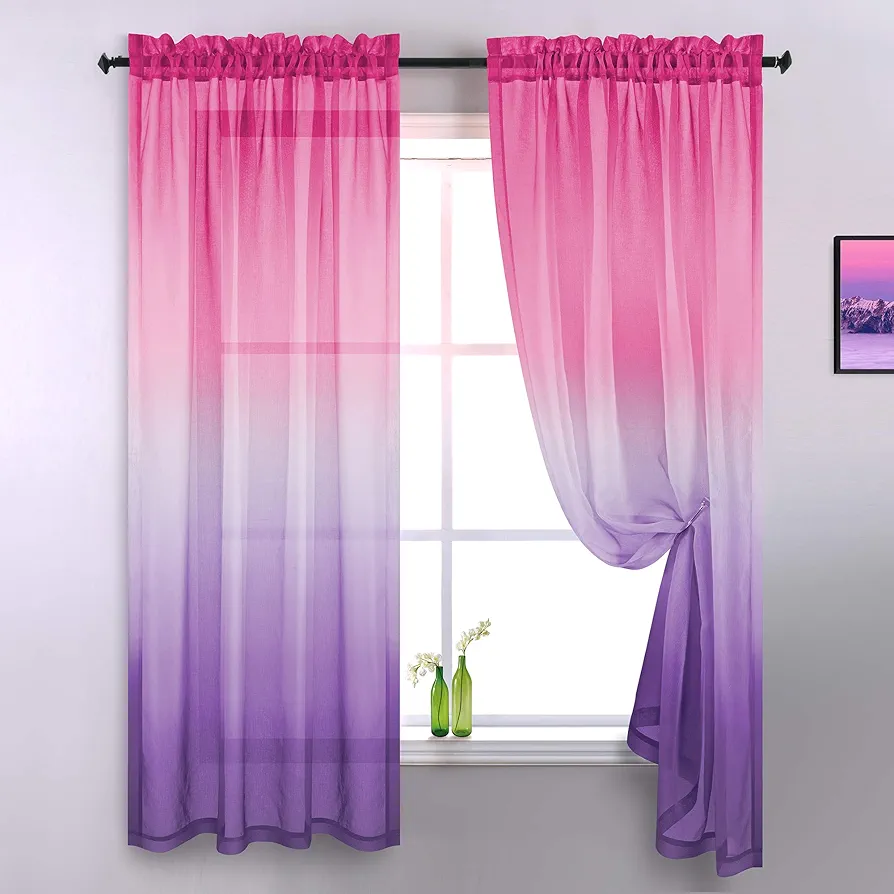 KOUFALL Pink Curtains for Girls Bedroom 2 Panels Set,Cute Aesthetic Preppy Room Decor for Teen Girls,Hot Pink and Purple,84 Inch Length