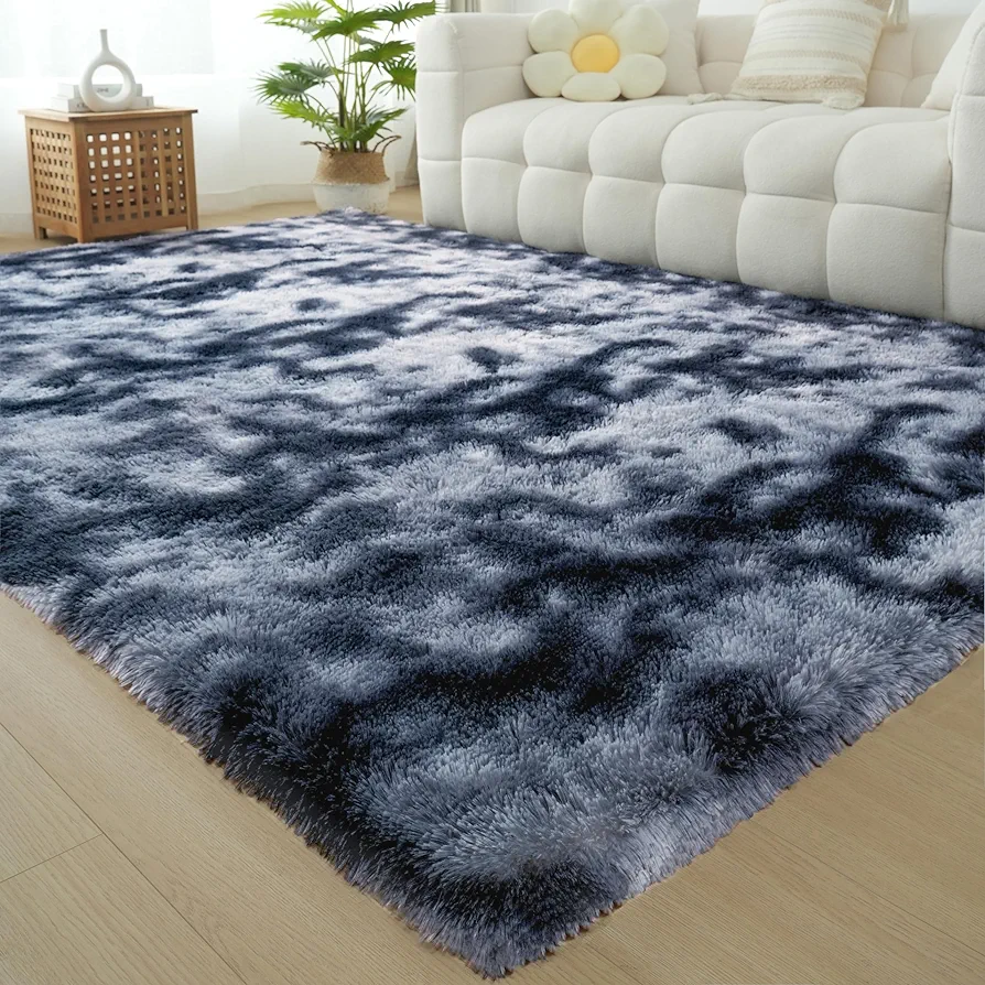 Area Rugs 9x12 Living Room: Shag Area Rug for Living Room - Large Plush Fluffy Carpet (Tie-Dyed Dark Gray, 9x12 Feet)