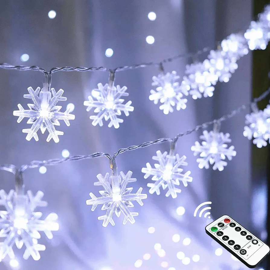 Christmas Snowflake Lights, 20 FT 40 LED Battery Operated String Lights with Remote, 8 Modes Timer Waterproof Hanging Decor Bedroom Room Party Wall Indoor Outdoor Xmas Tree Decorations Warm White