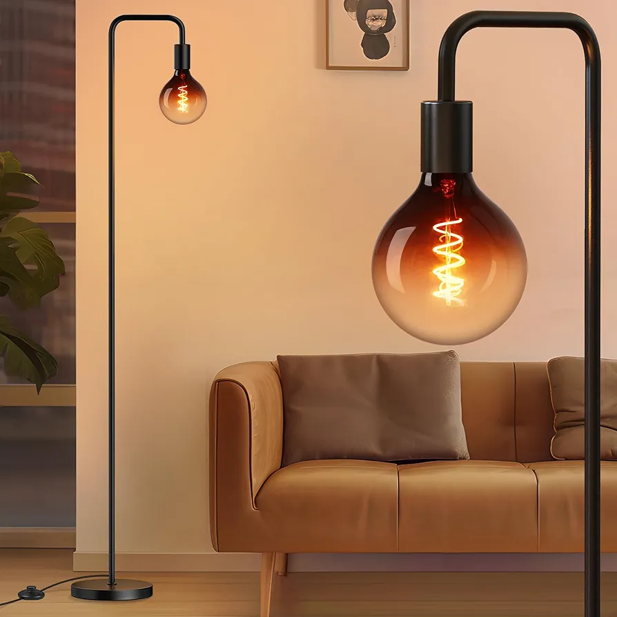 QiMH Floor Lamp for Living Room, Modern Industrial Standing Lamp with 8W LED Bulb, Clear Glass Globe 5", 2200K Warm Light Lighting 67" Minimalist Tall Floor Lamps for Bedroom Office Decor, Black