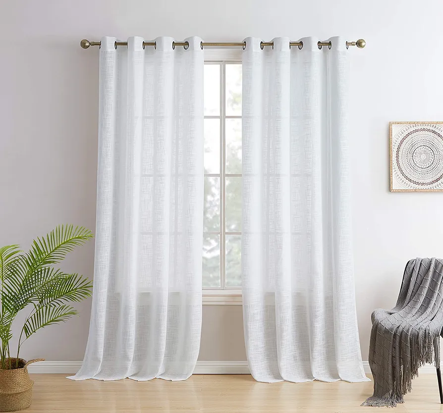 HLC.ME Madison Faux Linen Textured Semi Sheer Privacy Sun Light Filtering Transparent Window Grommet Long Thick Curtains Drapery Panels for Bedroom & Living Room, 2 Panels (54 W x 96 L, White)