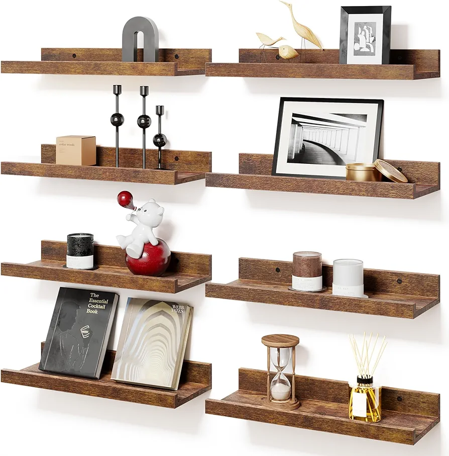 Fixwal Floating Shelves for Wall Decor, Wall Shelves Set of 8, Display Floating Shelf Wall Self with Lip for Bedroom, Bathroom, Nursery, Living Room (Rustic Brown)