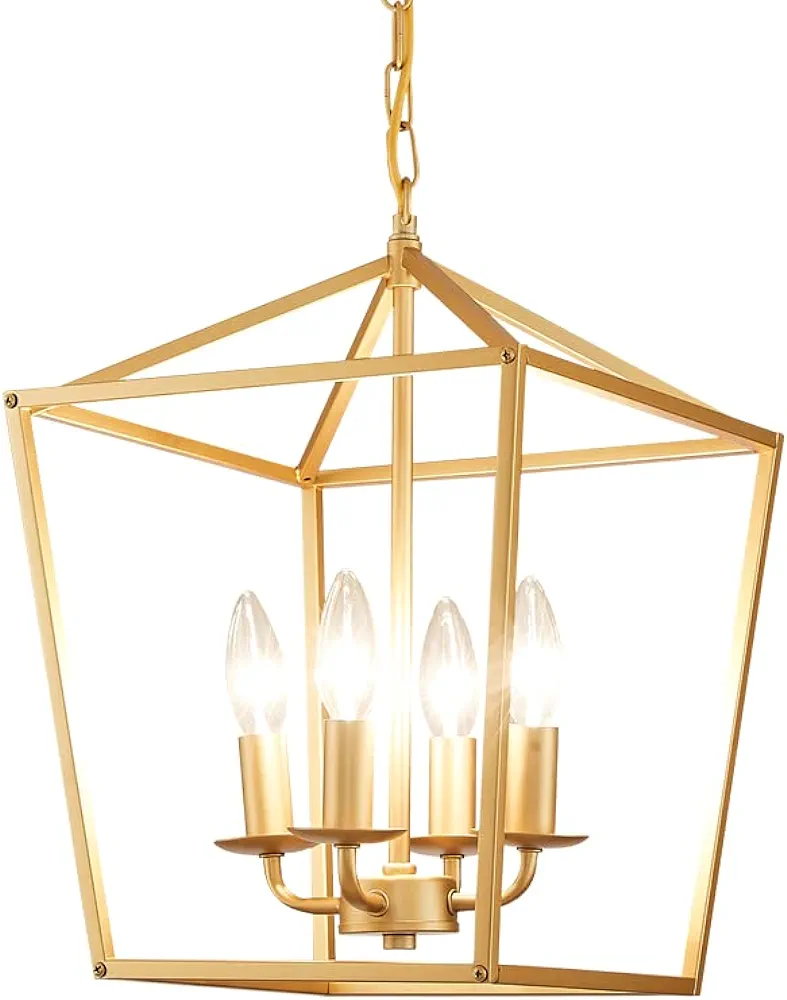 4-Light Gold Farmhouse Chandelier, Industrial Ceiling Light Lantern Chandelier with Rustic Metal Cage Adjustable Height Rustic Hanging Light E12 Base for Kitchen Island, Dining Room or Entryway