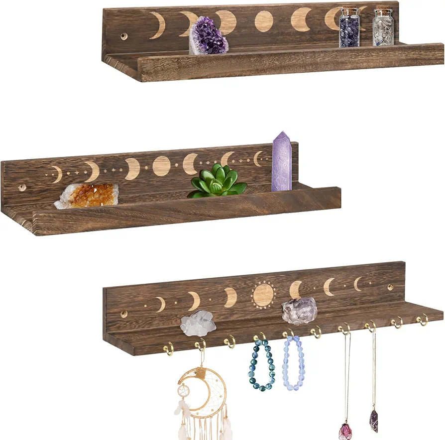 Crystal Shelf with Hooks Set of 3, Moon Shelf Display Wall Mount, Wood Floating Shelves for Celestial Decor and Room Decor, Crystal Display Shelf Holder for Stones, Essential Oils (Brown)