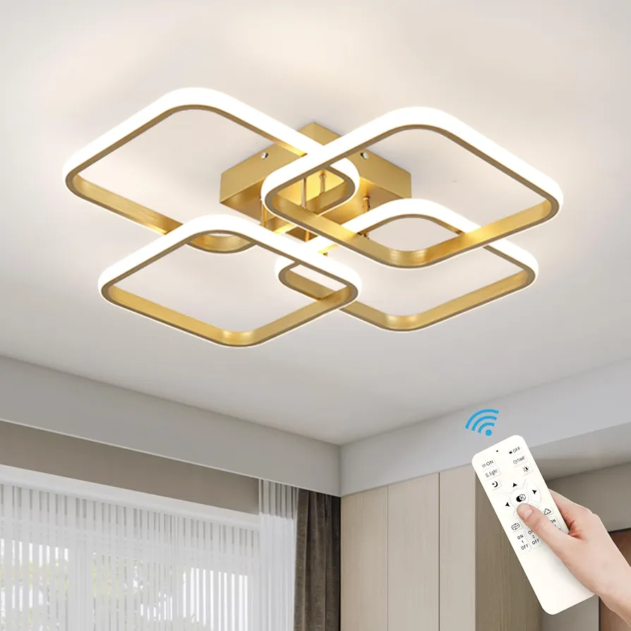 CANEOE Gold, Modern 4-Squares LED Ceiling Light Fixture, Dimmable, Remote Control, Square Flush Mount, Kitchen/Bedroom/Living Room Indoor Lighting, 23x23x5 inches, 48W, 3000K-6500K, 3840 Lumen