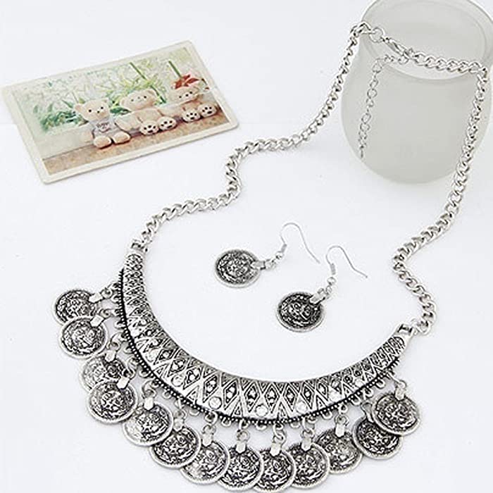 LFOEwpp7 Vintage Jewelry Set, Antique Coin Statement Choker Chain Hoop Earrings Necklace, Women Party Wedding Banquet Jewelery, Birthday Galentine Valentine's Day Decor Gift Silver