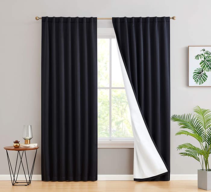 HLC.ME 100% Complete Blackout Lined Drapery with Heavy Double Layer Thermal Insulated Energy Smart Window Curtain Rod Pocket Back Tab Panels for Bedroom & Living Room, 2 Panels (52 W x 72 L, Black)