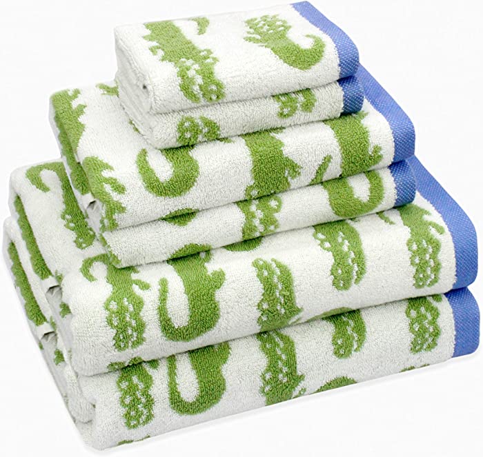 ORIGINAL KIDS- Bath Time in A While Crocodile 6 Piece Towel Set, Cotton, 2 Bath Towels, 2 Hand Towels, 2 Washcloths, White Green and Blue, 630GSM with Bonus Tote Bag