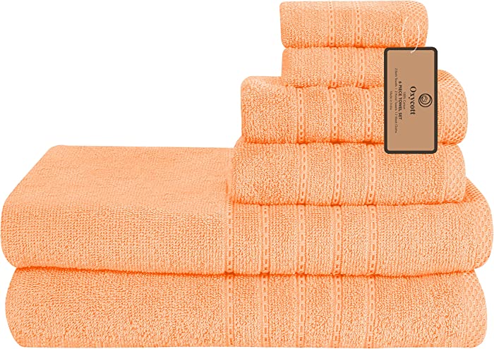 Oxycott 100% Cotton 6 Piece Towel Set for Bathroom, 2 Bath Towels 2 Hand Towels and 2 Washcloths, Ultra Soft Absorbent Quick Dry Extra Large Towel Set, Hotel Quality Luxury Spa Towel Sets of 6, Peach