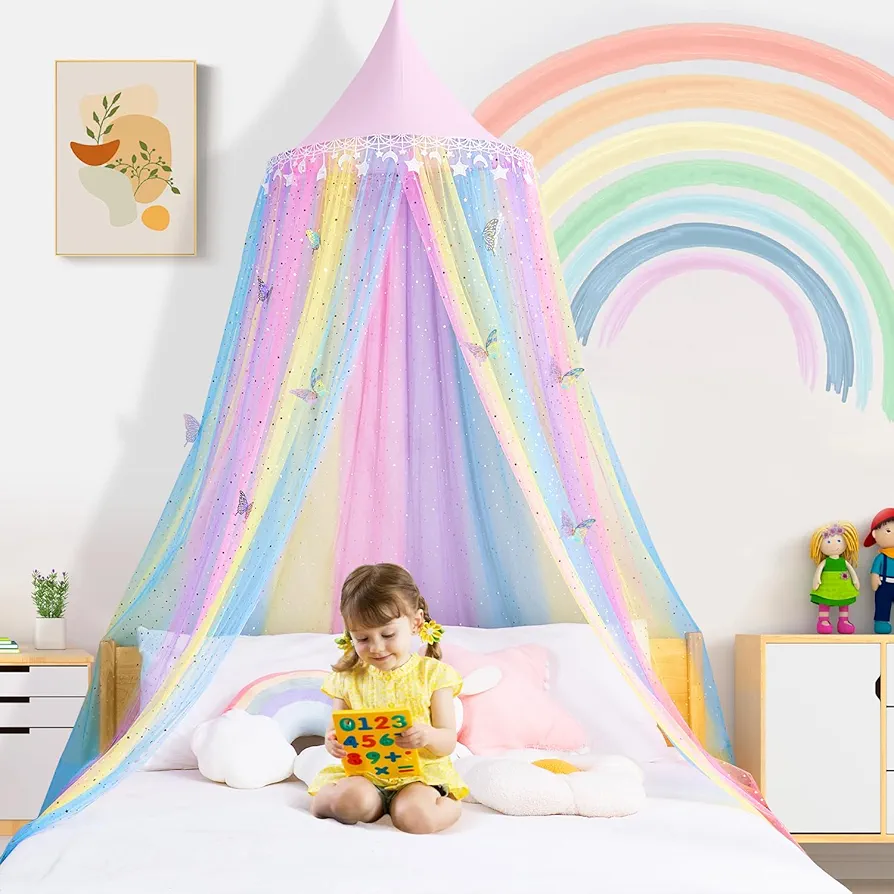 Rainbow Kids Bed Canopy for Girls Baby Crib with Butterfly Fairy Dream Princess Bed Canopy Hanging Mosquito Net Reading Nook Canopies Room Decor (Rainbow)