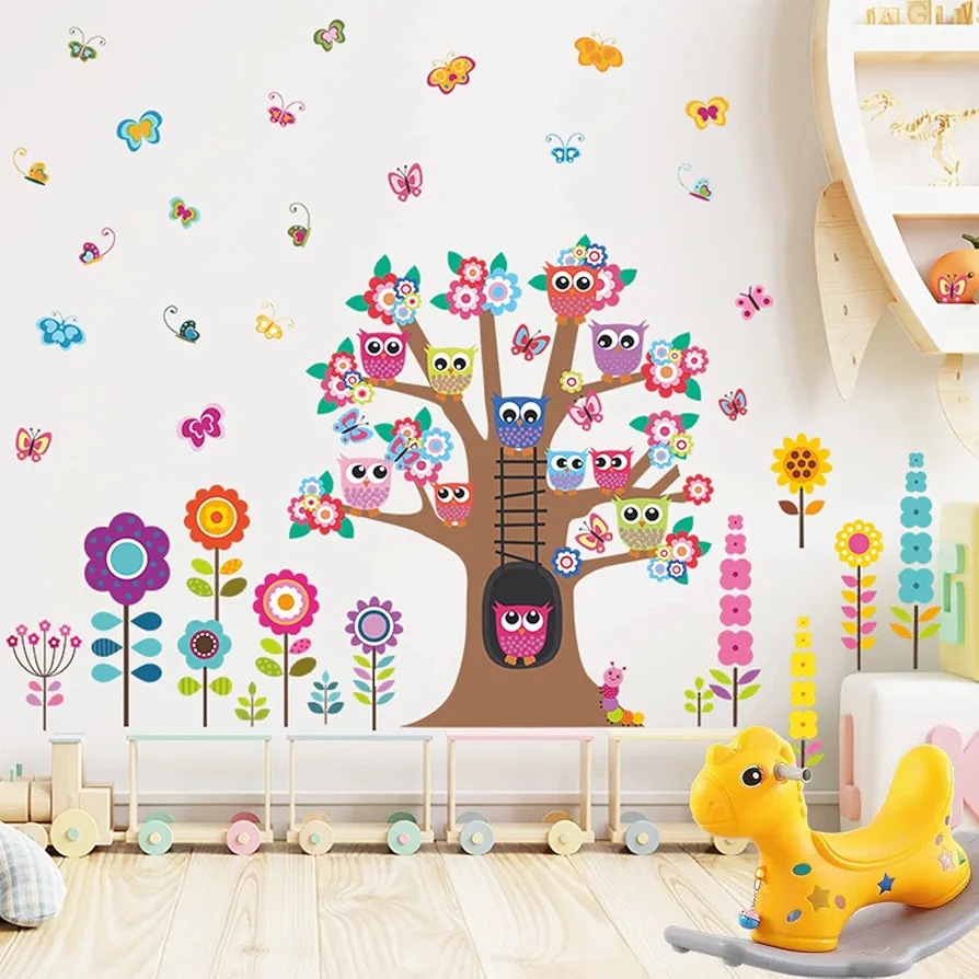 Colorful Cartoon Lovely Owl Singing On The Branch with Flowers Butterfly Wall Decoration Sticker Removable Wall Decals for DIY Home Kids Room, Baby Boys and Girls Bedroom, Classroom & Daycare