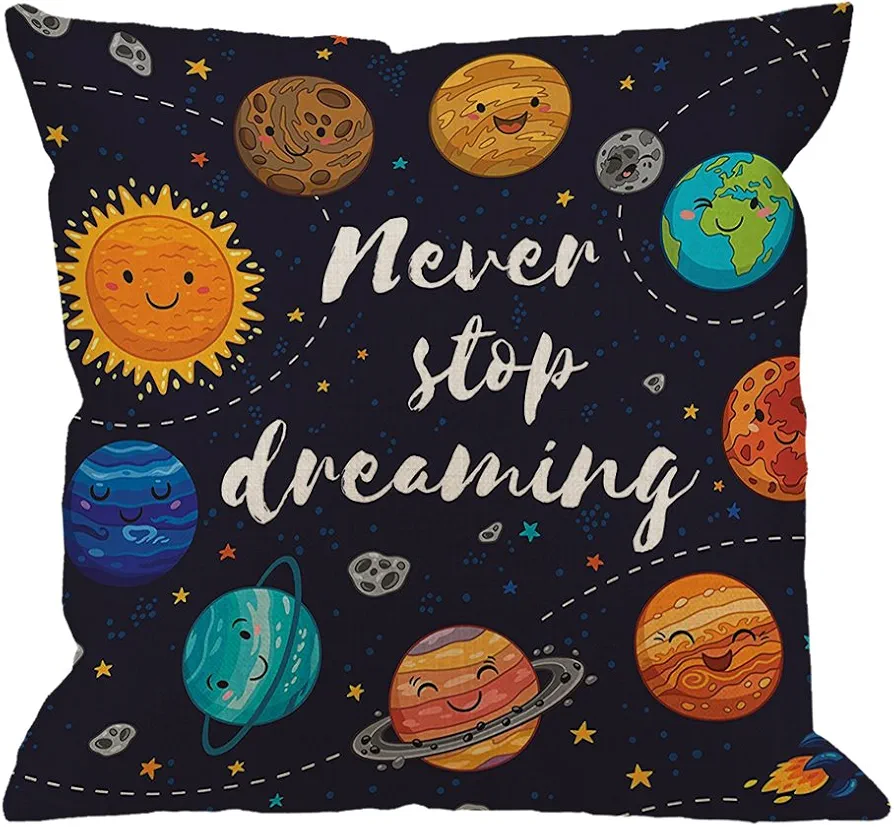 HGOD DESIGNS Outer Space Pillow Case, Cute Planets and Star Cluster Solar System Moon and Comets Sun Cosmos Cotton Linen Cushion Cover Square Standard Home Decorative Throw Pillow 18x18 inch Darkblue