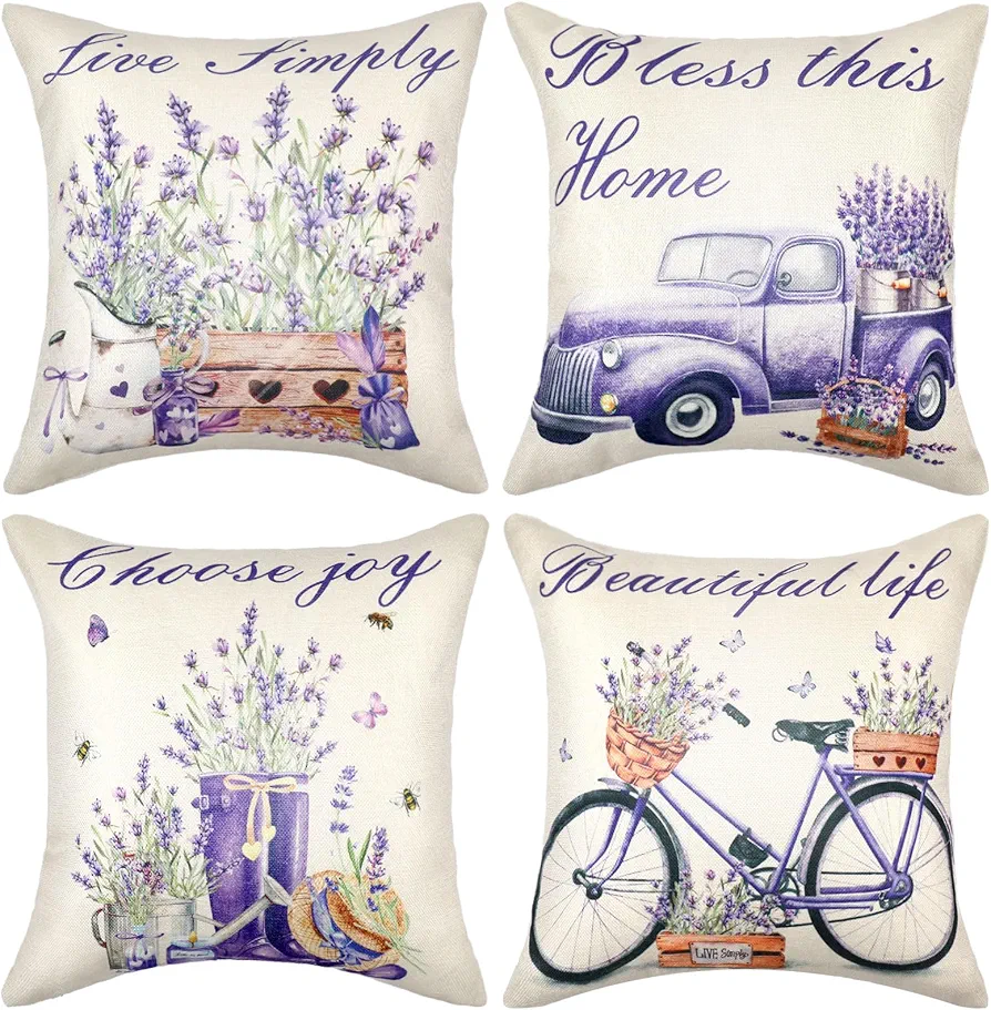 4 Pcs Lavender Throw Pillow Covers 18 x 18 Inch Purple Flower Throw Pillow Case French Country Lavender Pillow Covers Farmhouse Home Decor for Spring Sofa Living Room Couch Bed