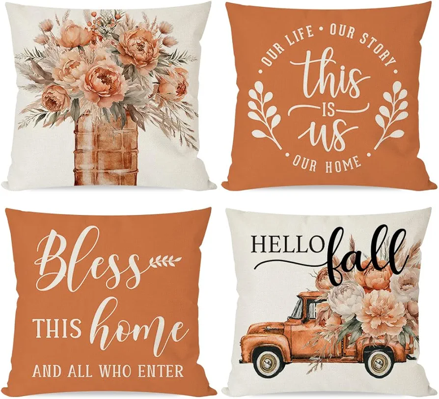 Hello Fall Floral Pampas Truck Bless This Home Throw Pillow Covers 18x18 Inch Mason Jar Boho Outdoor Country Farmhouse Autumn Decorations Decorative Pillows Cases Set of 4 for Room Decor