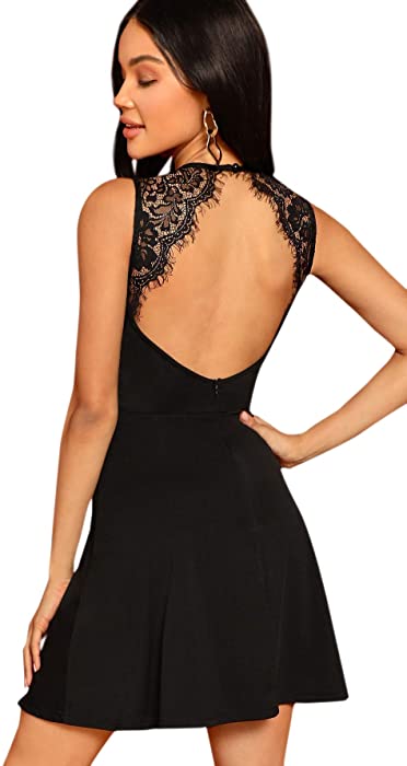 SheIn Women's Sleeveless Lace Applique Cocktail Backless Party Flare Mini Dress