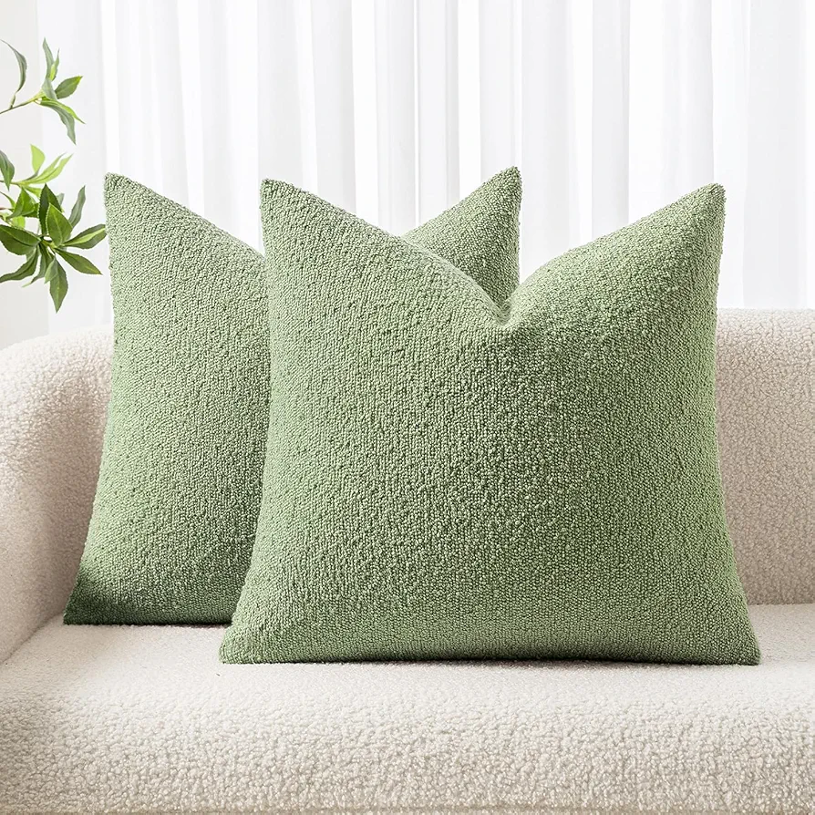 Woaboy Pack of 2 Boucle Throw Pillow Covers Textured Square Decorative Pillowcases Accent Solid Cushion Covers Home Decor for Sofa Couch Living Room Home Decor 20x20 Inch Sage Green