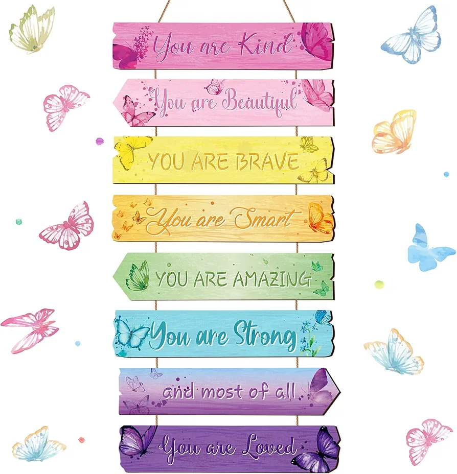 Inspirational Girl Room Decor Aesthetic Art Wall Hanging Sign Inspiring Colorful Rainbow Wooden Decoration for Kids Teens Toddler Boy Baby Bedroom Nursery Dorm Decor, 6-12 Years old (Butterfly)