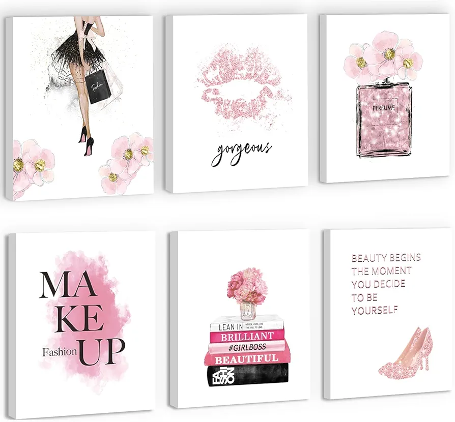 KAIRNE Fashion Women Art Print, Modern Pink Pictures Bathroom Decor for Girls Wall Art Set of 6(12”X16”,framed),Hello Gorgeous Wall Decor Esthetic Makeup wall decor for lady Room Girls Bedroom Decor