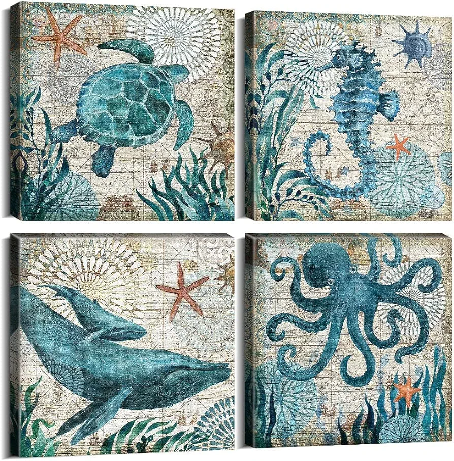 Coastal Beach Wall Art for Living Room Sea Turtle Pictures Bathroom Wall Decor Teal Blue Nautical Themed Seahorse Canvas Painting Ocean Animal Whale Posters Bedroom Kitche Home Decoration 8x8" 4