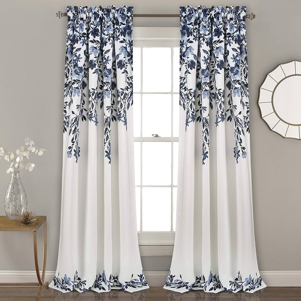 Lush Decor Tanisha Curtains - Light Filtering Window Panel Set, Pair - Floral Vine Print, Beautiful, Modern, Elegant Home Decor - 52" W x 84" L, Navy & White