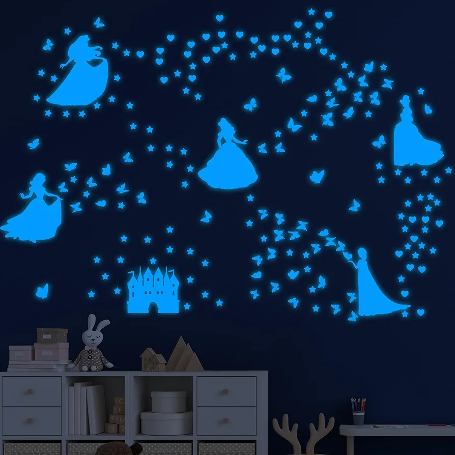 Glow in The Dark Princess Castle Wall Sticker, Self-Adhesive Star Butterfly Wall Decal for Girl's Room, Fluorescent Sticker for Ceiling Nursery (Blue)