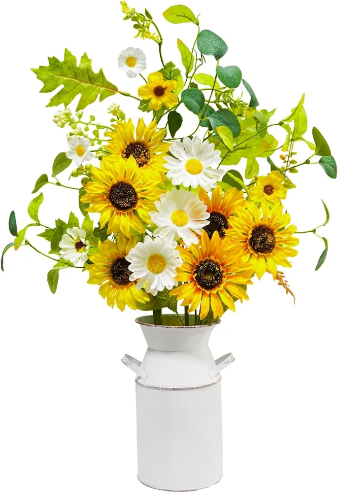 23.5" Faux Flowers in Vase, Silk Sunflower Artificial Flowers with Metal Pot Fake Sunflowers with Vase Flowers Arrangement Centerpieces for Table Kitchen Dining Living Room Home Spring Decor