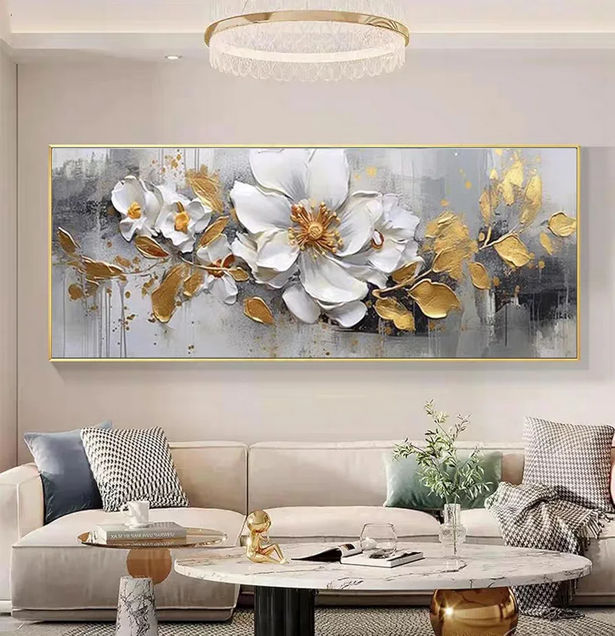 White Flower and Golden Leaf Wall Art for Living Room Hand Painted Floral Oil Painting on Canvas for Bedroom,Large Framed Artwork for Office Kitchen Wall Decor 24x56inch