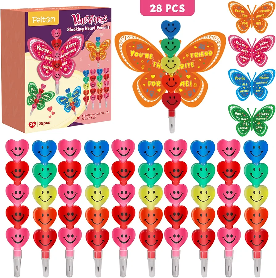 28 Pack Valentines Day Gift Cards for Kids with Stacking Heart Pencils, Valentines Day Gifts for Kids Boys Girls, Valentine School Classroom Party Favor Exchange Prizes Toys Set