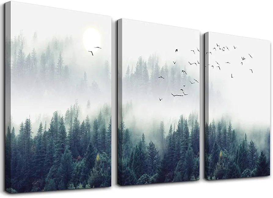 3 Piece Canvas Wall Art for Living Room Wall Decorations for Bedroom Office Wall decor Foggy forest Trees Landscape painting Stretched and Framed Ready to Hang pictures Home Decor 12"x16"x3 Panels