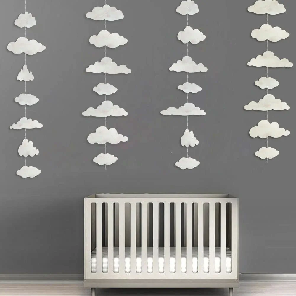 Personality White Cloud Hanging Garland Party Decoration Kit Supply Artificial Paper cut on Banner DIY Wall Bunting Nursery Children Room Art Stage Ornaments 1st birthday baptism Wedding Decor (White)