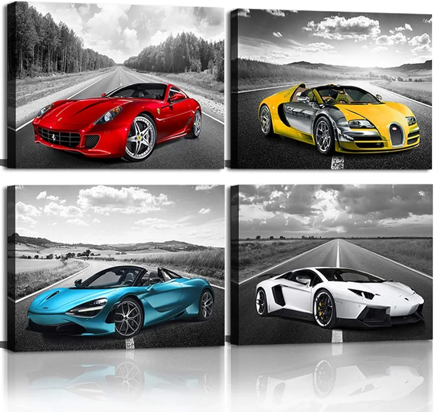 Car Poster Decor Black and White Wall Art Framed Car Art for Teen Boys Man Bedroom Décor Sports Posters Ferrari Lamborghini McLaren Bugatti Canvas Posters for Office Room Decor Gift for Teen Boys