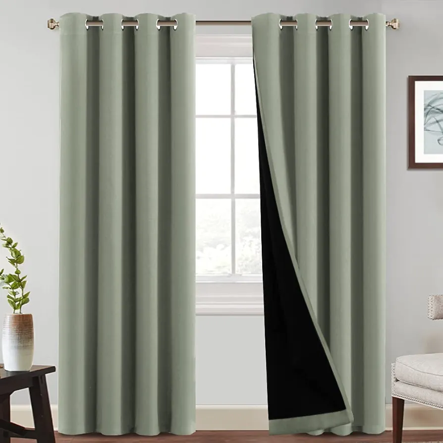 PrinceDeco 100% Blackout Curtains 84 inches Long Pair of Energy Smart & Noise Blocking Out Drapes for Baby Room Window Thermal Insulated Guest Room Lined Window Dressing(Desert Sage, 52 inches Wide)