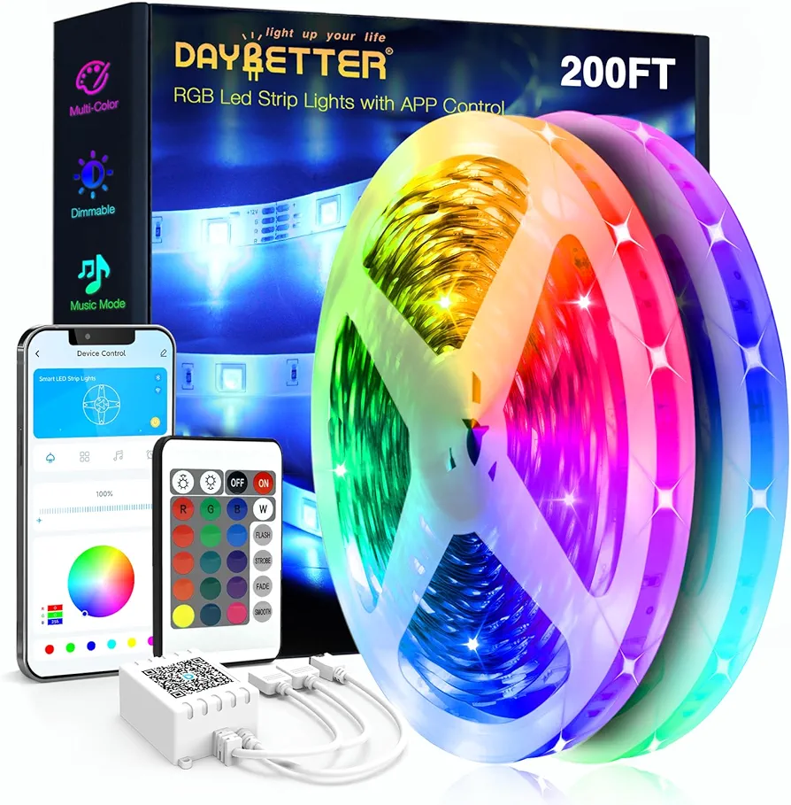 DAYBETTER Led Strip Lights 200ft (2 Rolls of 100ft) Ultra Long Smart Light Strips with App Voice Control Remote, RGB Music Sync Color Changing Lights for Bedroom, Kitchen, Party,Home Decoration