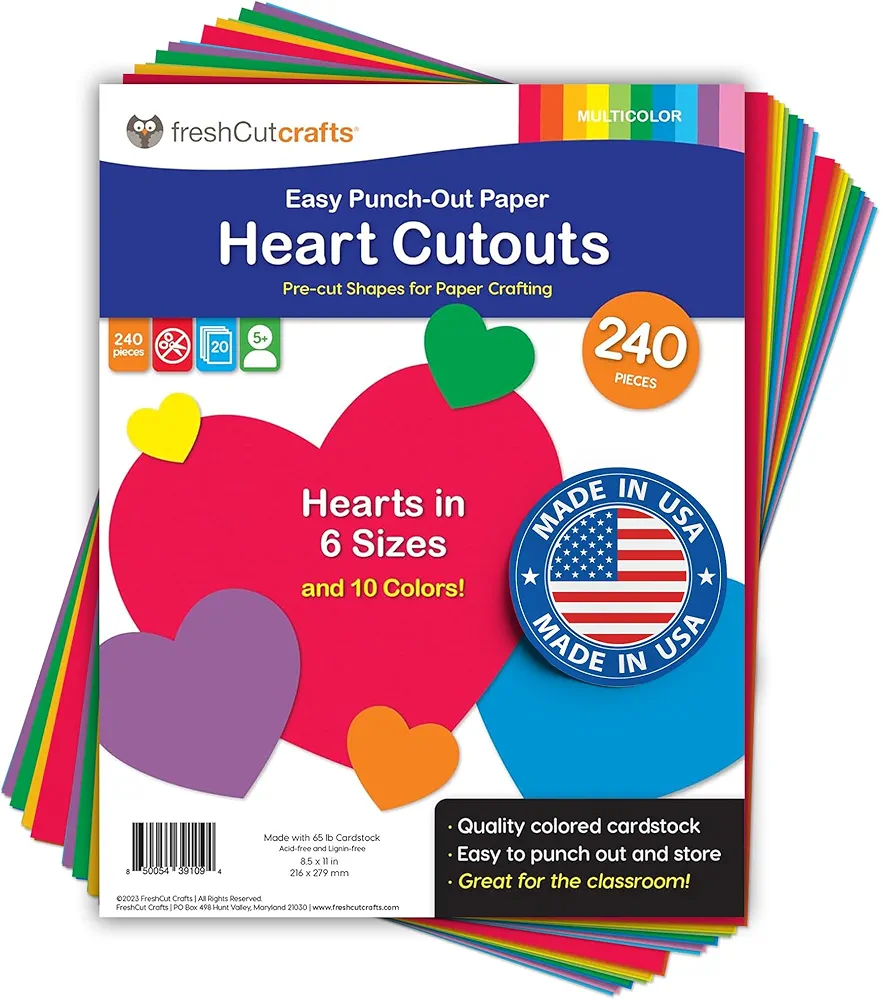 240 Pieces Heart Paper Cutouts, 2-sided US Made Card Stock Punch Out Multicolor Hearts for Valentine’s Day Crafts, Bulletin Boards, Classroom Decor, and Posters 10 Vibrant Colors