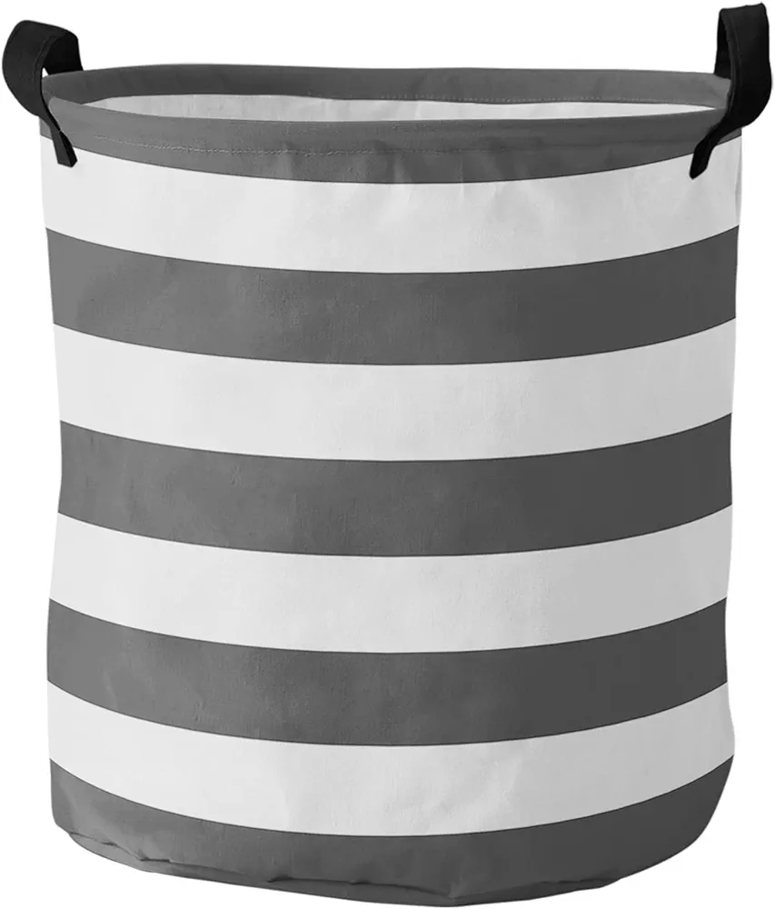 Collapsible Laundry Basket - 13.8 x 17 In Drak Grey White Striped Farmhouse Storage Bin Laundry Hamper with Handles, Rustic Gray Geometric Waterproof Clothes Baskets for Bedroom/Kids Room