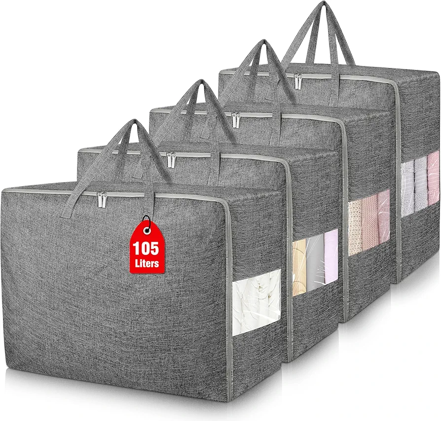 4Pack 105L Extra Large Storage Bags, Folding Comforter Blanket Storage Bags Closet Organizers and Storage Containers for Clothes with Strong Handles&Zippers Clear Window for Bedding Pillow Black