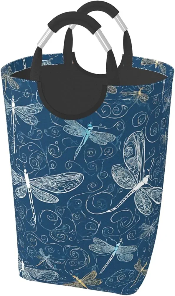 Laundry Basket Collapsible Clothes Hamper for Dirty Clothes, Laundry Bag with Handles Blanket Toys Storage Blanket, Dorm Room Essentials Accessories - Blue Dragonfly