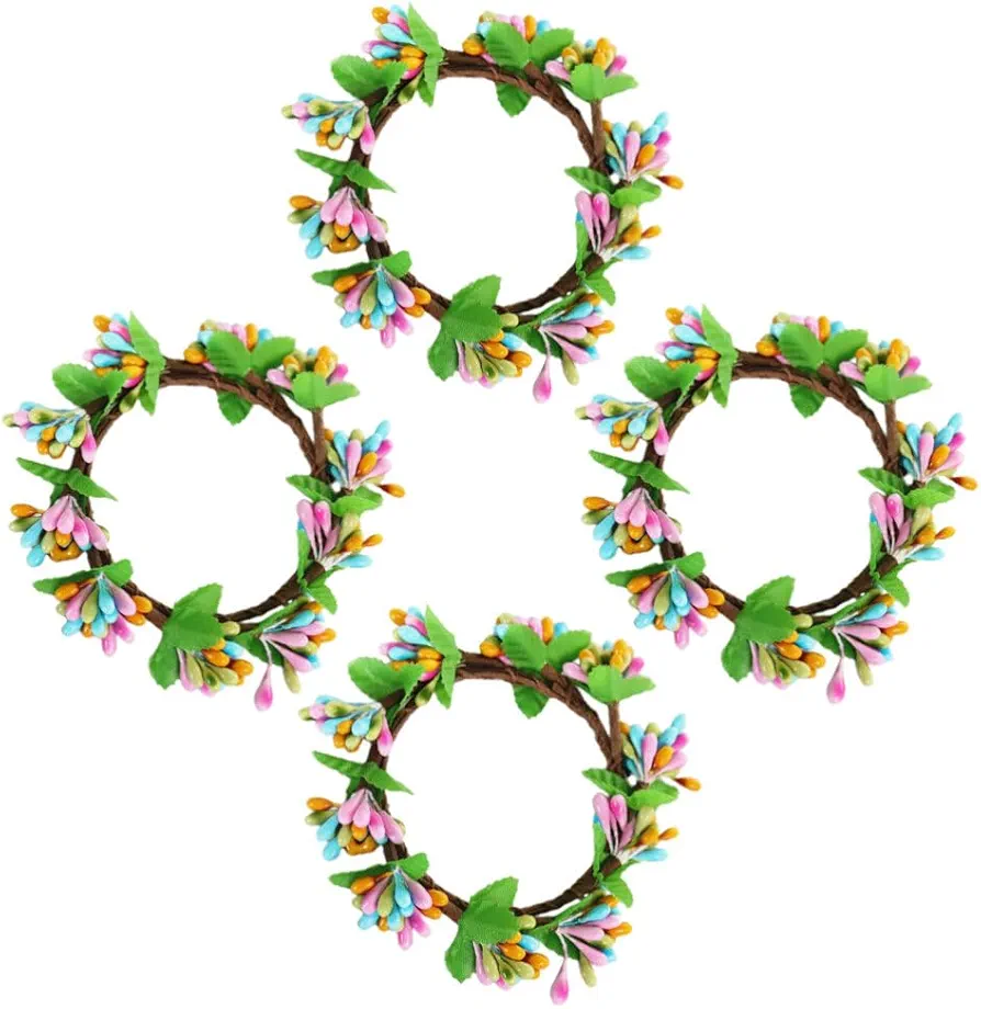 Ipetboom 4Pcs Easter Candle Rings Artificial Berry Wreath Colorful Easter Wreath Berry Candle Wreath Ring for Table Centerpiece Front Door Decor