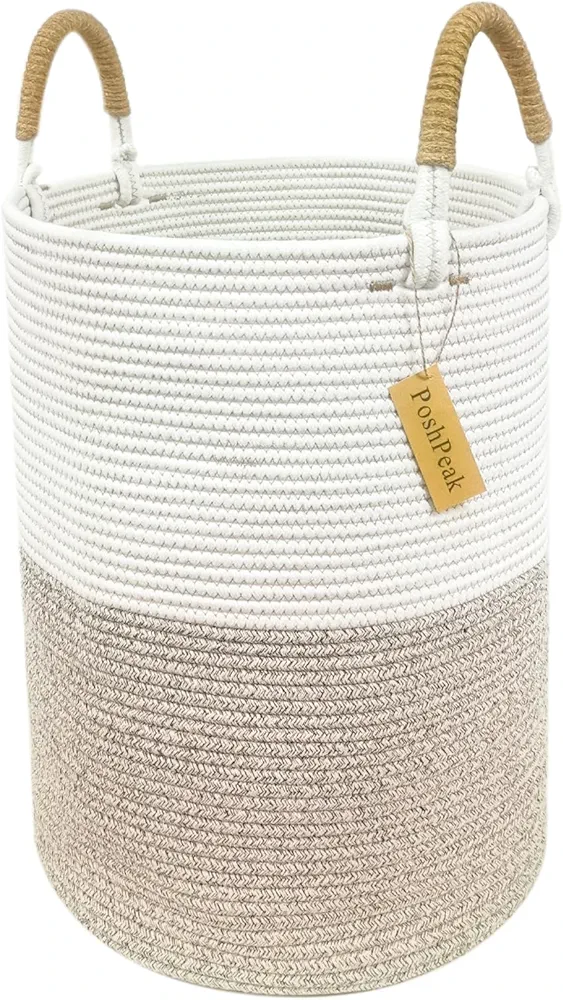 Tall Large Laundry Basket - Aesthetic Cotton Rope Storage Basket for Clothes, Blanket Basket for Living Room, XL Laundry Hamper, Nursery Hamper, Baby Clothes Hamper, Wicker Laundry Basket for Gifts