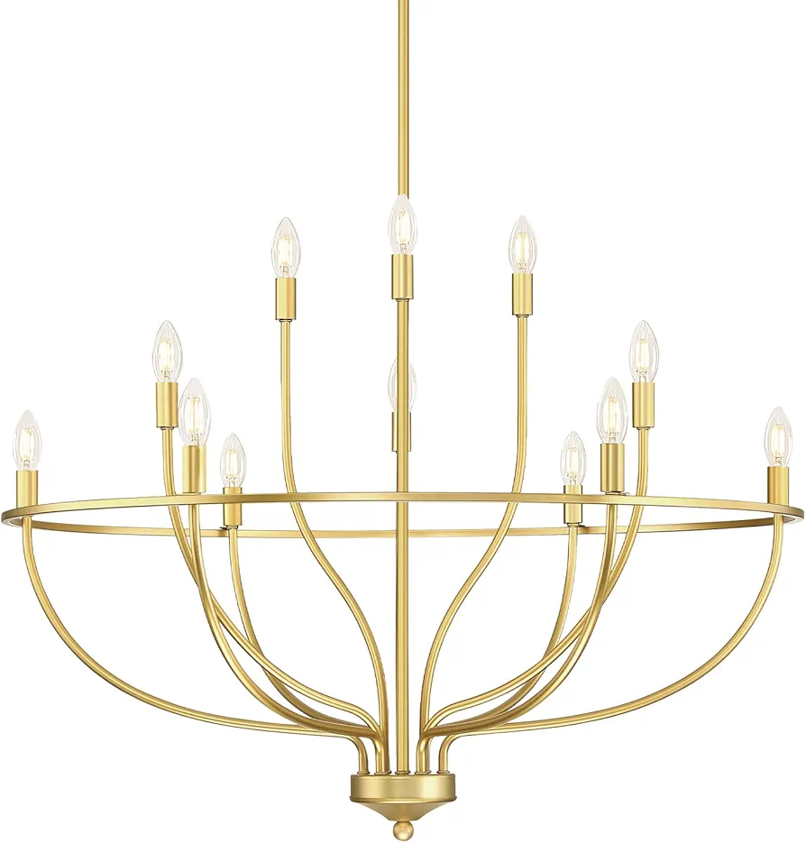 Gold Chandelier for Dining Room, 36 Inch Modern Farmhouse Candle Chandelier Light Fixture Over Table, 12-Light Brass Chandelier Lighting for Kitchen, Living Room, Foyer (E12 Base)