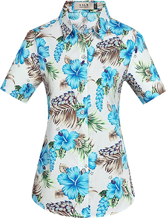 SSLR Womens Hawaiian Shirt Floral Blouses Short Sleeve Button Down Shirts for Women