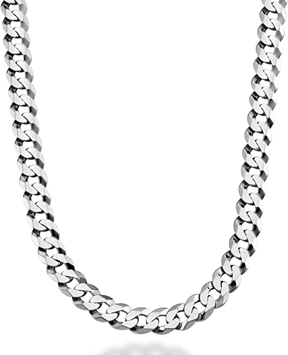 Miabella Solid 925 Sterling Silver Italian 9mm Solid Diamond-Cut Cuban Link Curb Chain Necklace For Men, Made in Italy