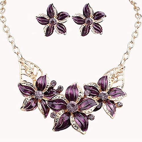 LFOEwpp7 Fashion Jewelry Set, Rhinestone Flower Statement Pendant Necklace Earrings, Women Party Wedding Banquet Jewelery, Birthday Galentine Valentine's Day Decor Gift Purple