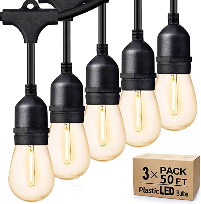 Svater Outdoor String Lights 150FT, 3 Pack of 50FT, 45pcsxE26 Socket, 48pcs S14 Shatterpoof Bulbs, 1 Watt Dimmable 2700K Warm White, IP65 Waterproof, Commercial Grade Patio Lights