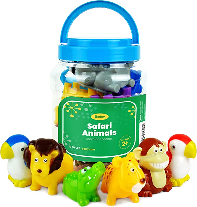 Boley Safari Animals Bath Toys Bucket - 12 Pc Sinking Kids Bath Toys & Pool Toys for Toddlers 2+