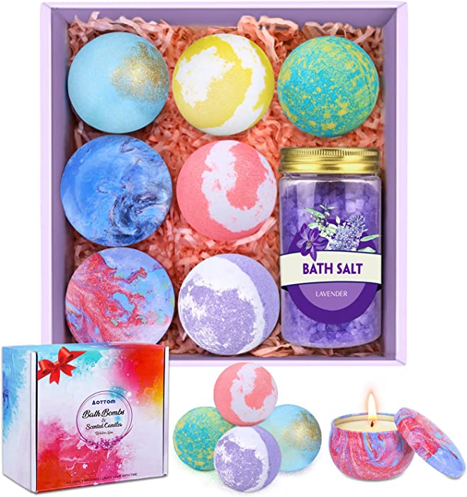 Aottom Bath Bombs with Scented Candles Gift Set, 6 Natural Bath Bombs for Women, 3 Aromatherapy Scented Candles, Handmade Bubble Spa Gifts Kit for Mother's Day, Father's Day, Anniversary, Birthday