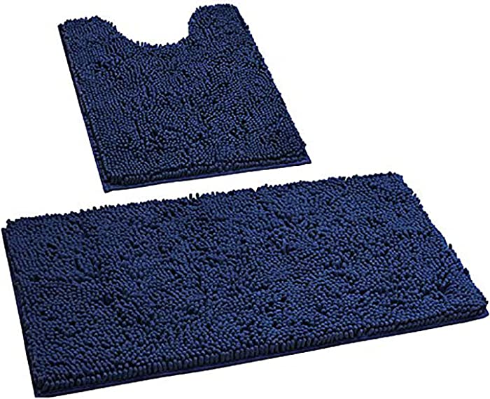 HOMEIDEAS 2 Pieces Bathroom Rugs Set Navy Blue, Ultra Soft Non Slip Bath Rug, Absorbent Chenille Bath Mat, Plush Bathroom Carpets Mats for Bathroom, Tub, Shower